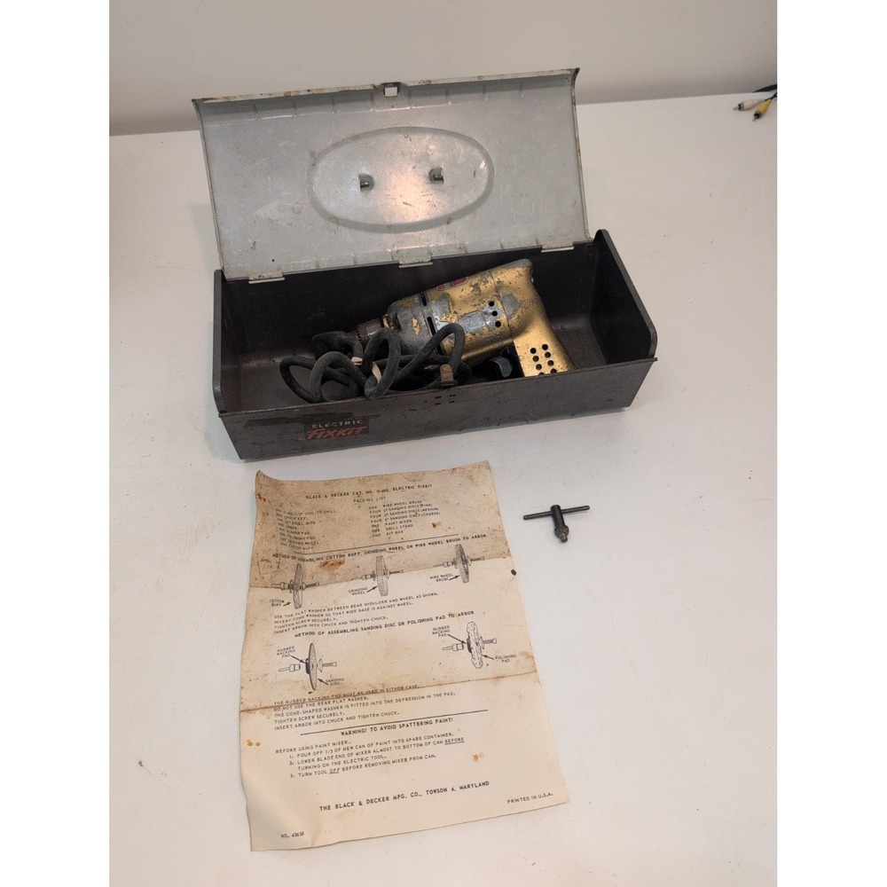 Vintage Black & Decker 1/4" Utility Drill U-400 + U-405 Fox Kit Metal Toolbox